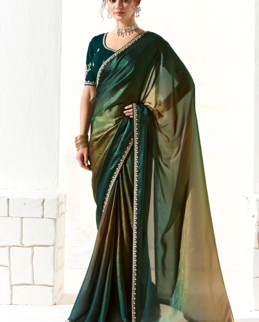 2223 - ATTRACTIVE TEAL GREEN BORDER WORK TISSUE SILK FESTIVE WEAR SAREE